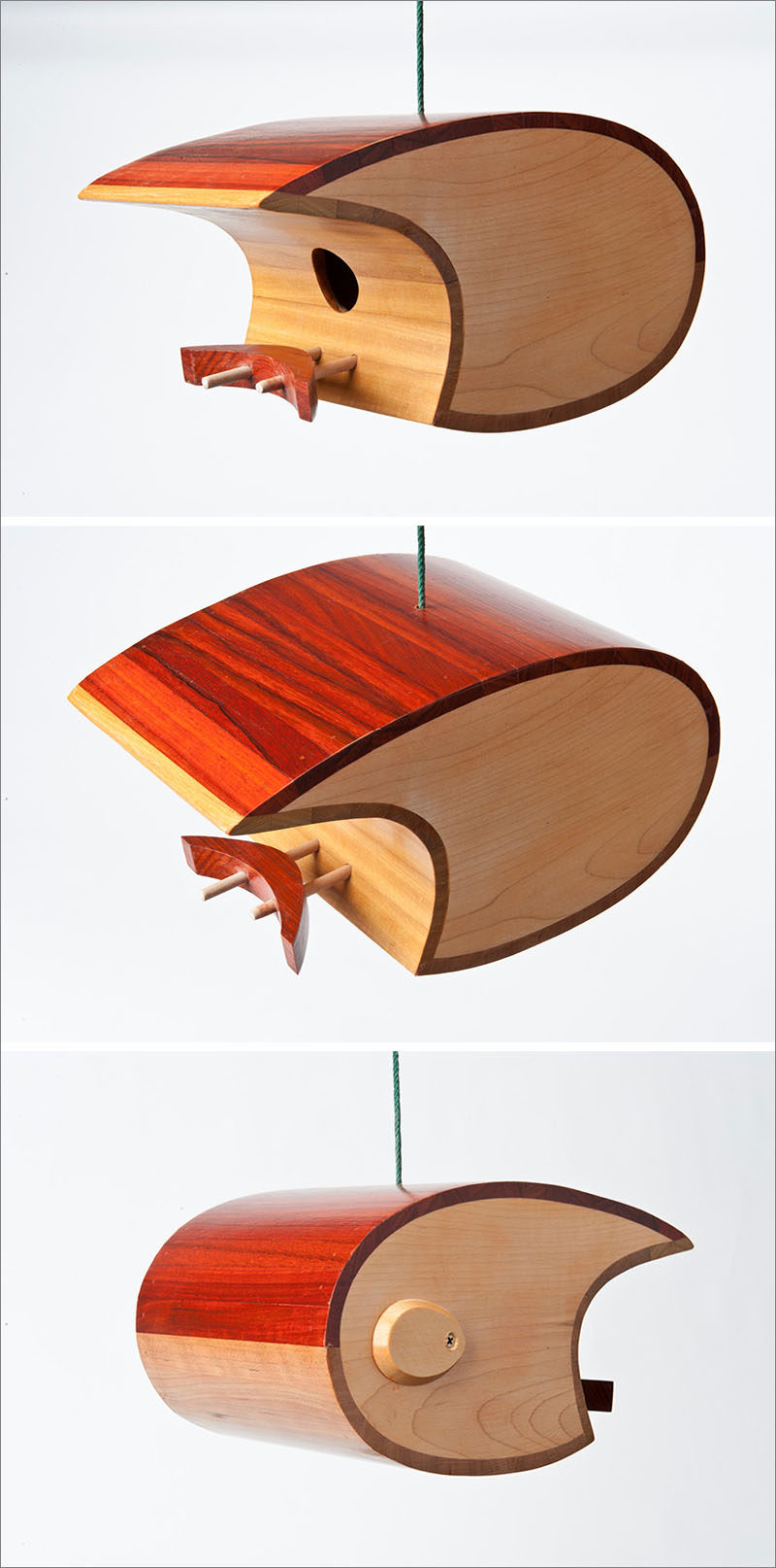 Discarded wood from tropical hardwood floor manufacturers is used to create this curved, modern birdhouse.