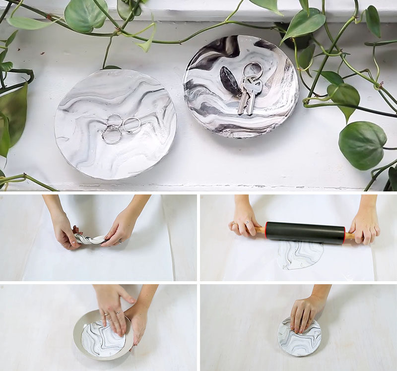 White, grey and black polymer clay, a rolling pin, an oven safe bowl and some sealant are the basics needed to complete this DIY faux marble decorative bowl.