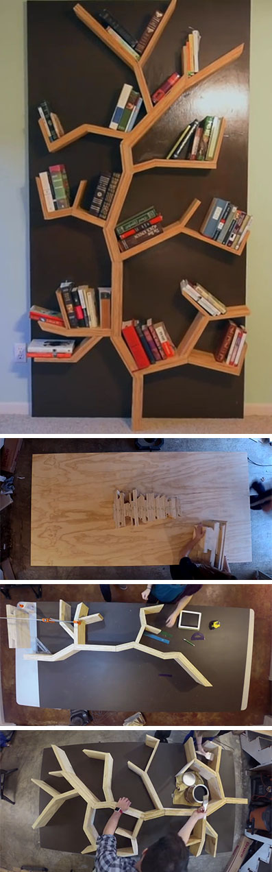 Make your very own DIY modern wood tree bookshelf that's just under 8 feet tall. There's step-by-step instructions as well as a video to show how it all goes together.