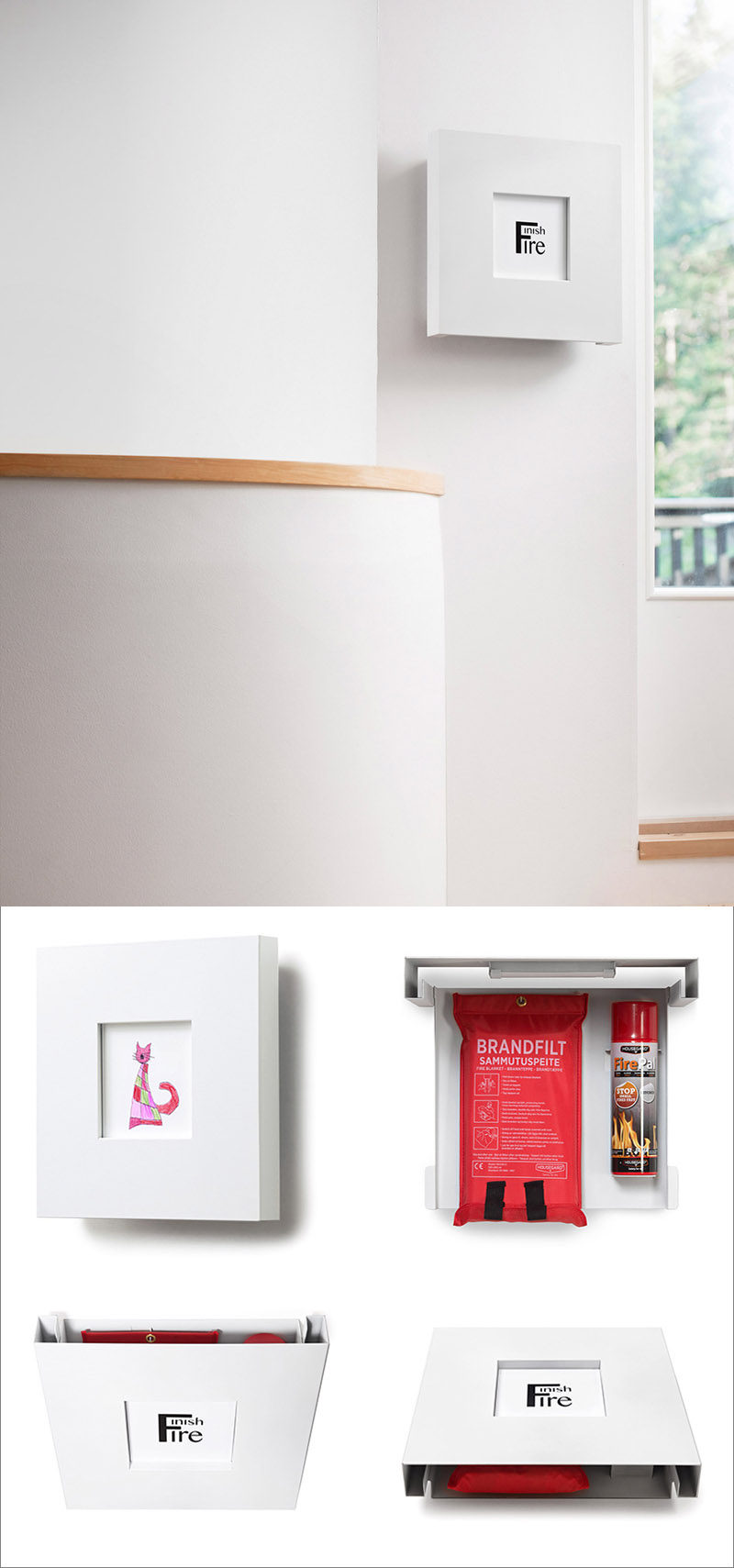 Finishfire have designed a stylish picture frame that hides a small fire extinguisher and a fire blanket.