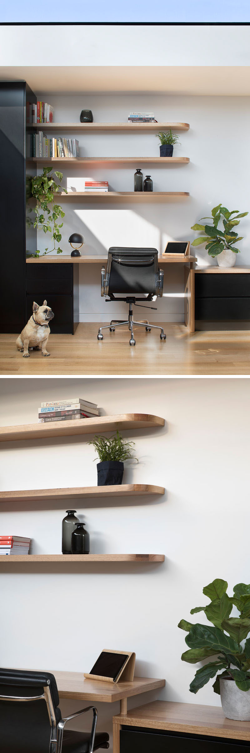 The home office has a built-in desk that continues into the living area to become an entertainment cabinet. Above the wood desk are matching floating wood shelves with curved corners that reflect the curves found in the clerestory windows.