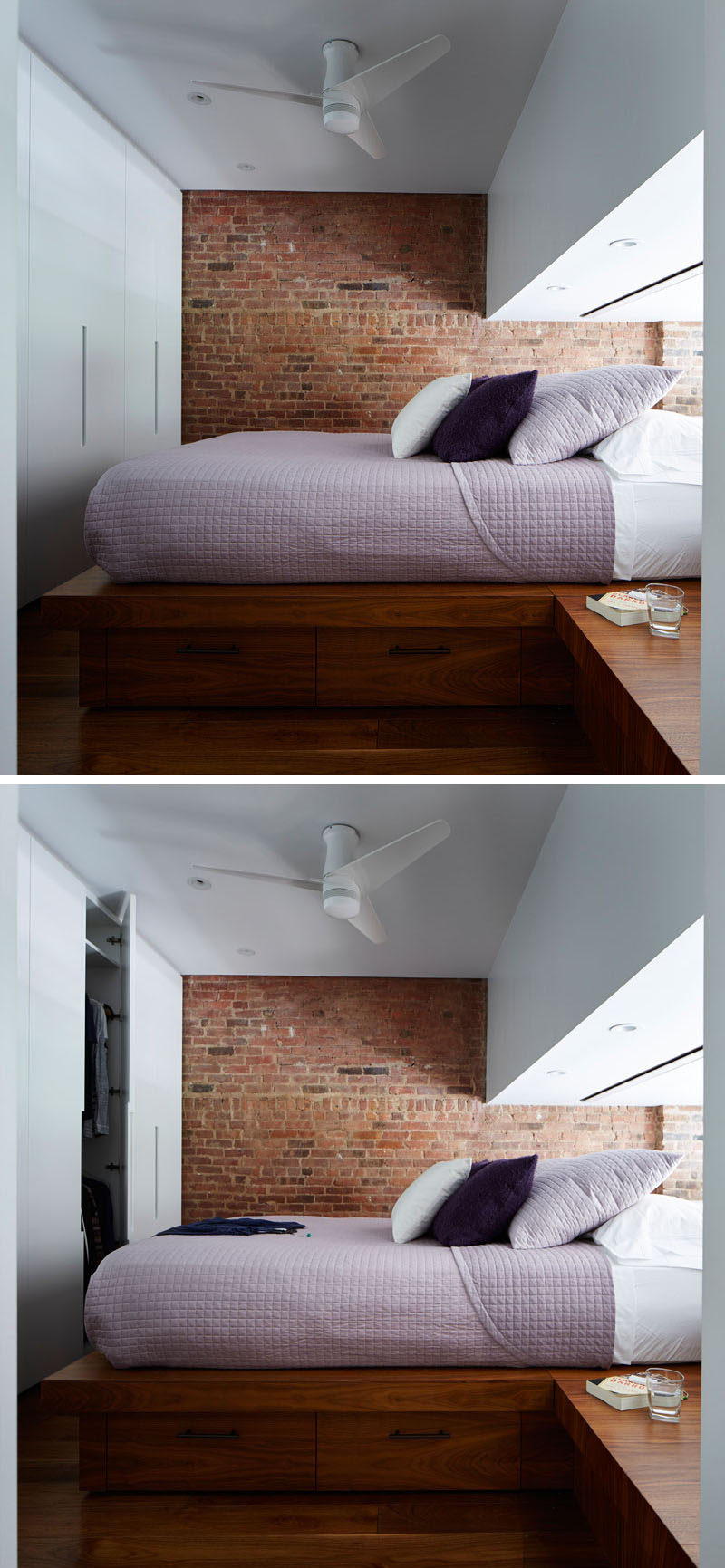 To maximize the space in this loft apartment, the queen bed was rotated 90°, and to increase storage, floor to ceiling white cabinets now line the wall.