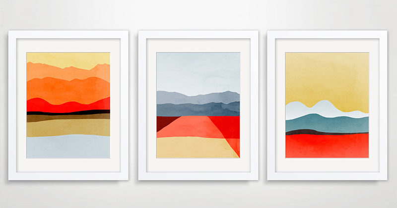 Wall Art Ideas - Vancouver based artist Eve Sand has created a collection of bold and abstract wall art prints that have been inspired by Mid-Century Modern design and represent landscapes like mountains, oceans, and fields.