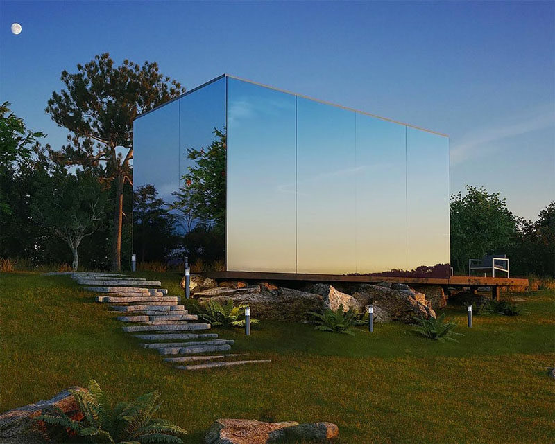 This modern mirrored house is prefabricated and can be installed in 8 hours. Functionality and comfort is the main goal as it is meant for short-term accommodation.