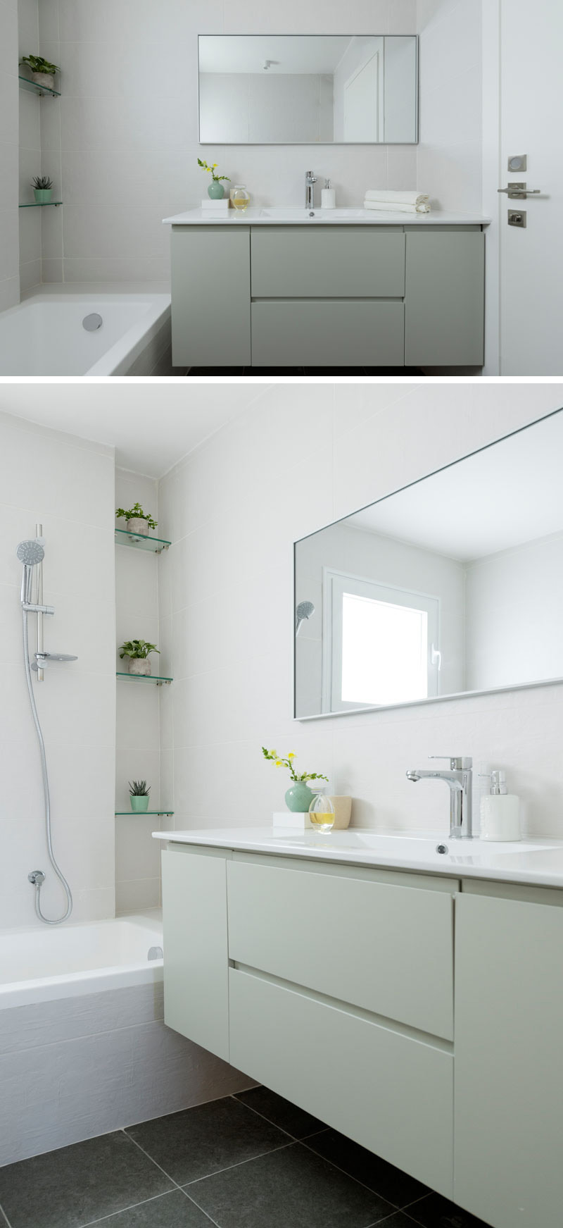 In this modern bathroom, mint green is used for the cabinets below the white sink and rectangular mirror. Glass shelves above the bathtub provide a spot for indoor plants.