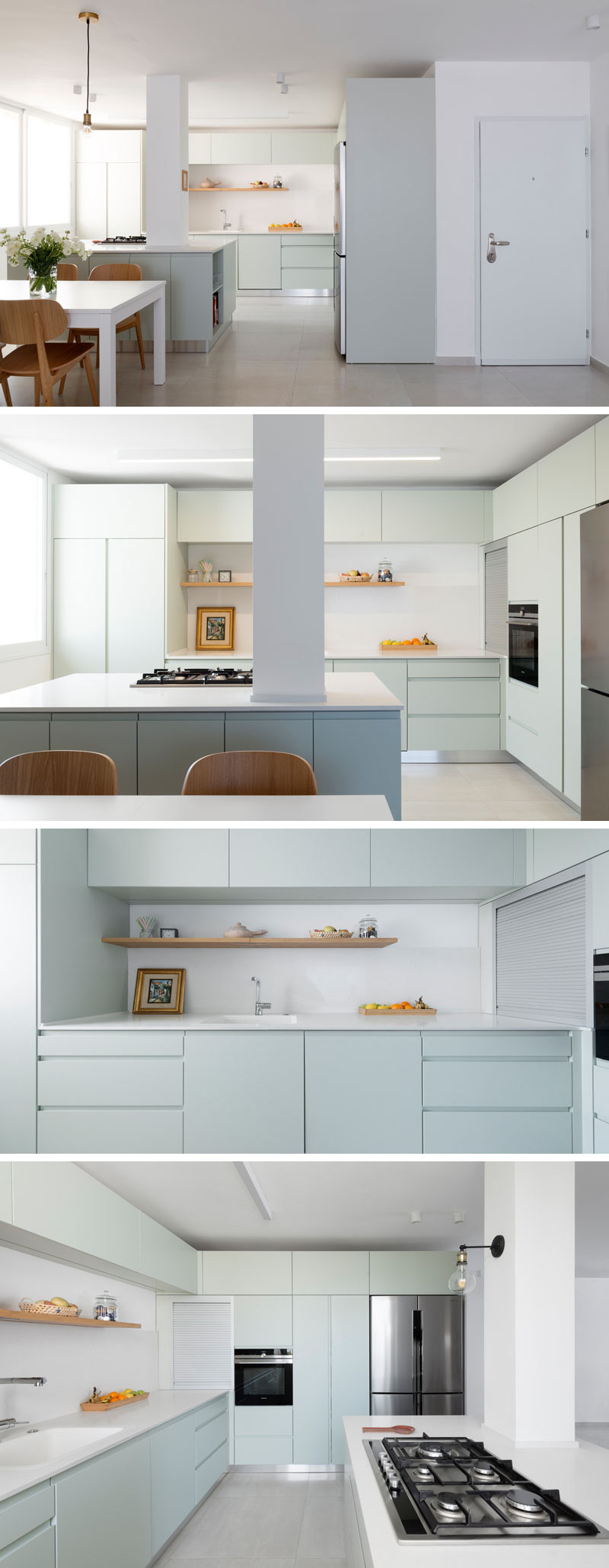 In this modern kitchen, white counters and light mint green cabinets give the space a sleek contemporary look. The large white island provides plenty of counter space, while a floating wood shelf ties in with the wood dining chairs and furniture in the living room.