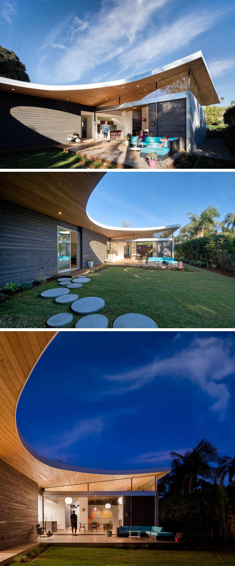 This modern curved roof slants upwards in the backyard, providing space for a set of clerestory windows. Circular stone steps create a path through the yard, connecting different spaces.