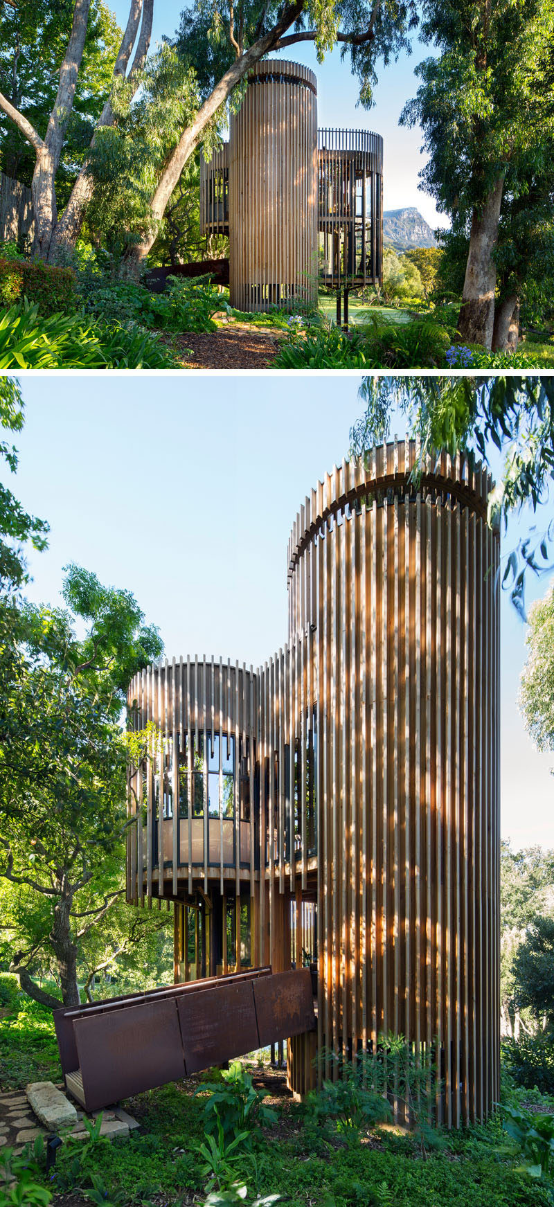 This small house makes use of vertical height, and has been arranged around the geometry of a square with four surrounding circles, creating a pin-wheel plan layout.
