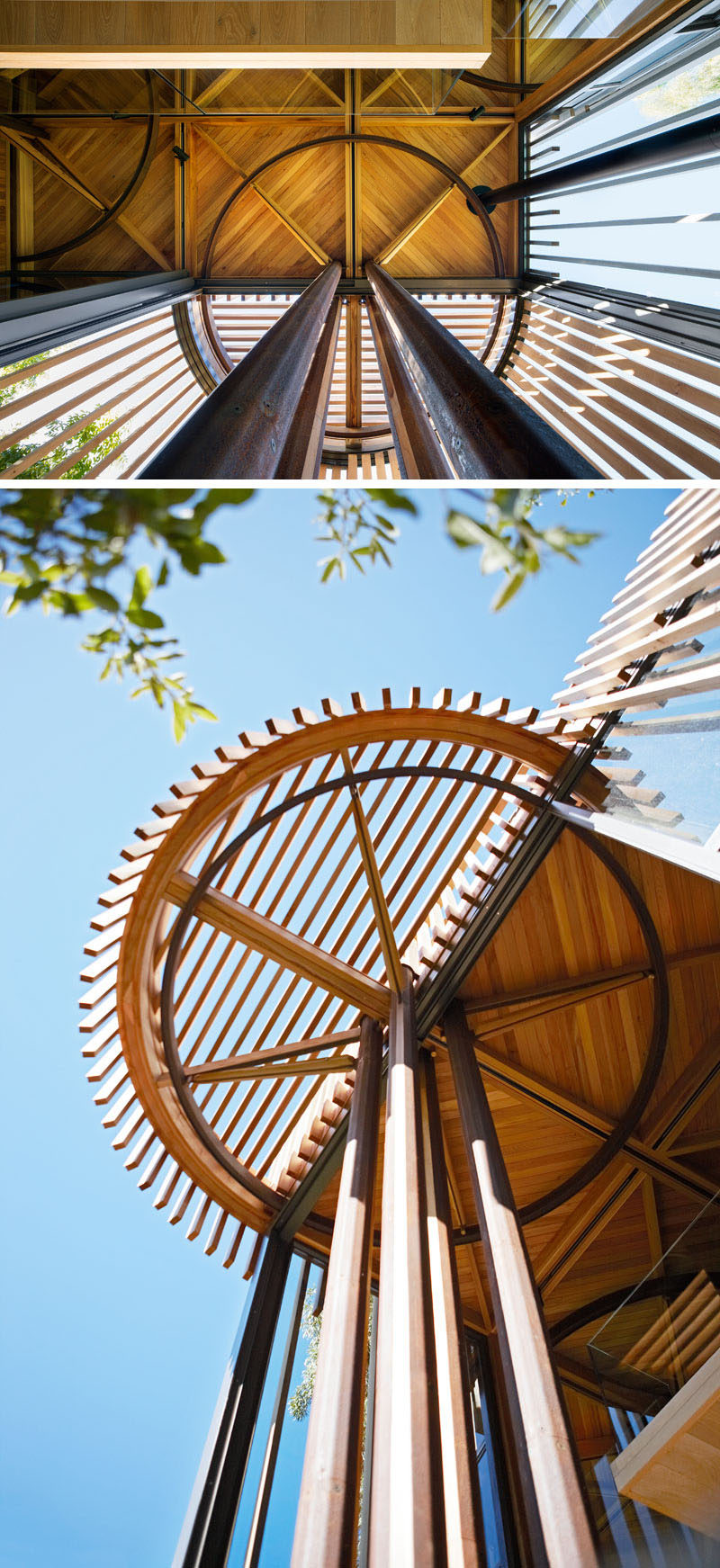 Throughout this modern tree house, you are able to see geometric structures that reveal how squares and circles have been used in harmony for the architectural plan of the house.