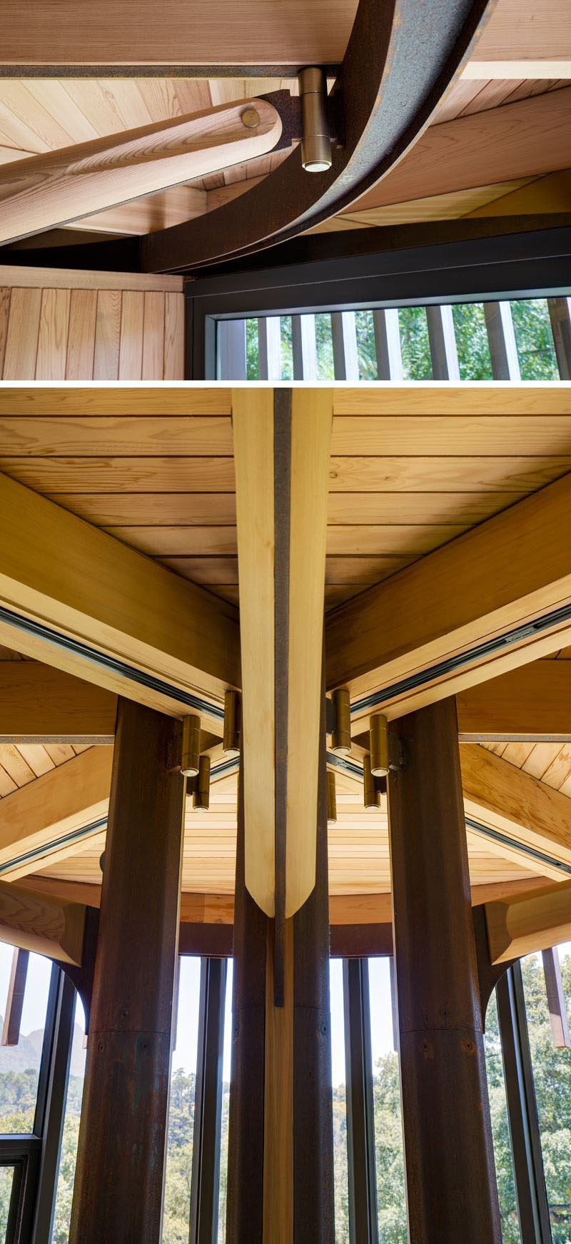 Steel and wood, branch-like arms connect and support the beams and columns of this modern grown-up tree house.