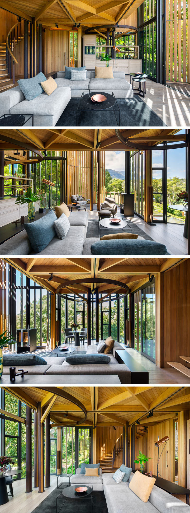 The first floor of this modern tree house is home to the living room that opens up to a balcony. Decorated in light greys and earth tones, this room compliments it's wood surroundings.