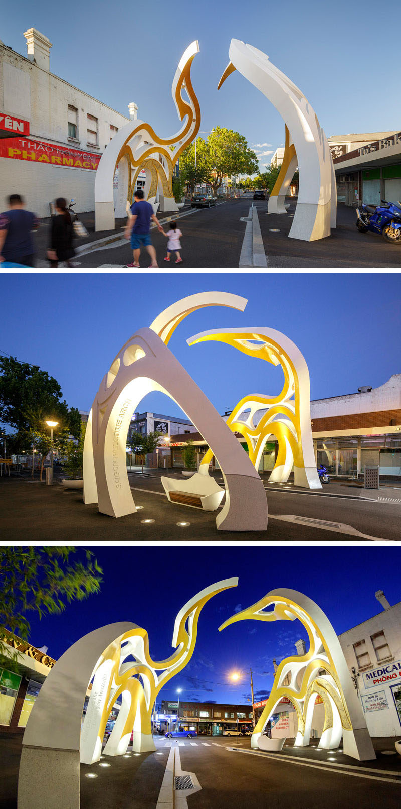 Architecture firm McBride Charles Ryan, have designed the Saigon Welcome Arch, a modern sculpture that represents the Vietnamese settlement in Footscray, a suburb of Melbourne, Australia.