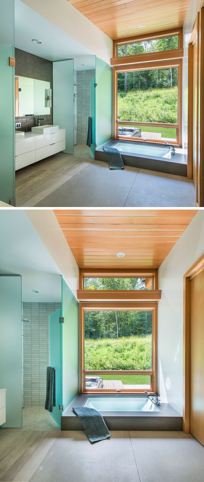 In this modern bathroom, there's a sunken built-in bathtub with views of the backyard, and a shower with a frosted glass surround.