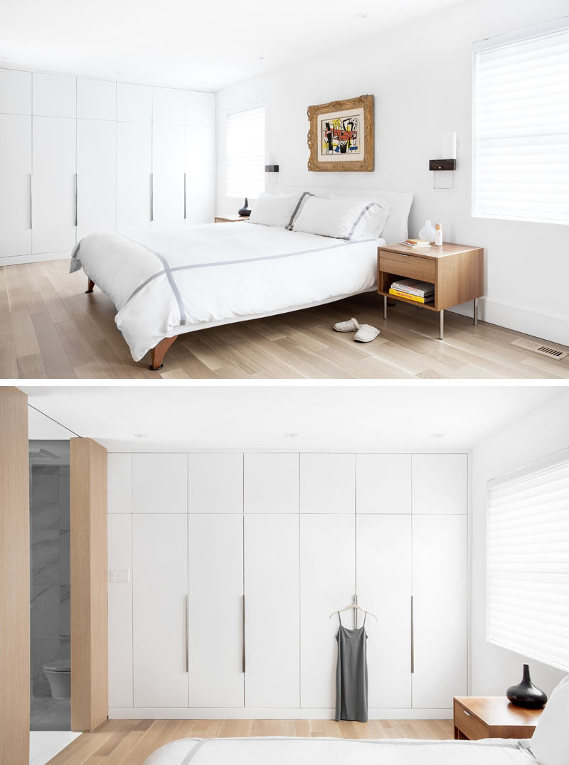 On the second floor of this updated home, there was a major overhaul of the master bedroom suite, creating his and hers closets, a library and a brand new bathroom. Walls were moved and the floor plan was reconfigured to make the space feel more luxurious.