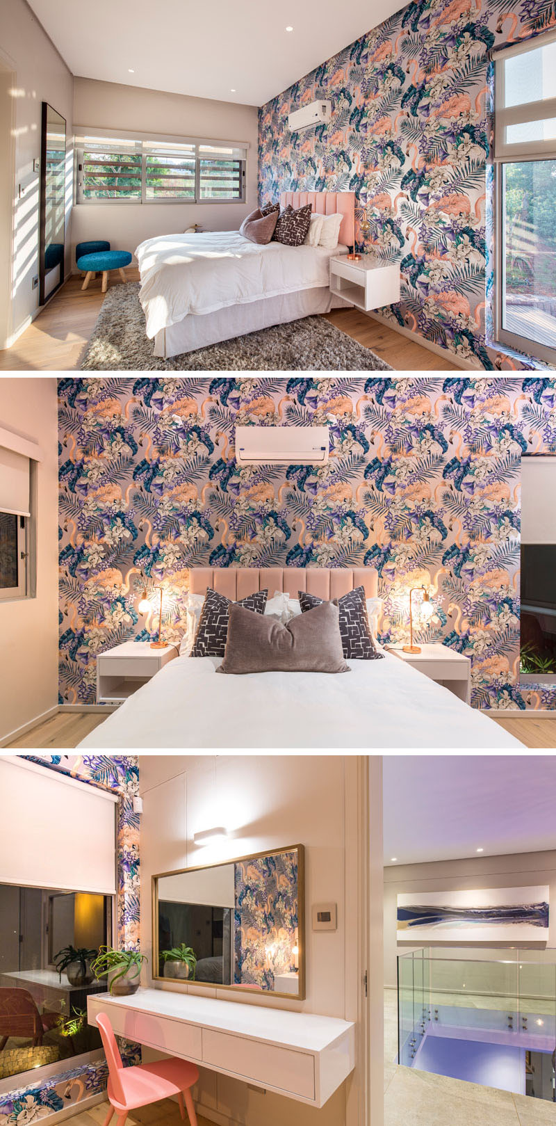 In this modern fun and tropical inspired bedroom, shades of pink, purple, and blue are used in the decor and fabrics to compliment the bright and colorful, flamingo wallpaper used on the accent wall.