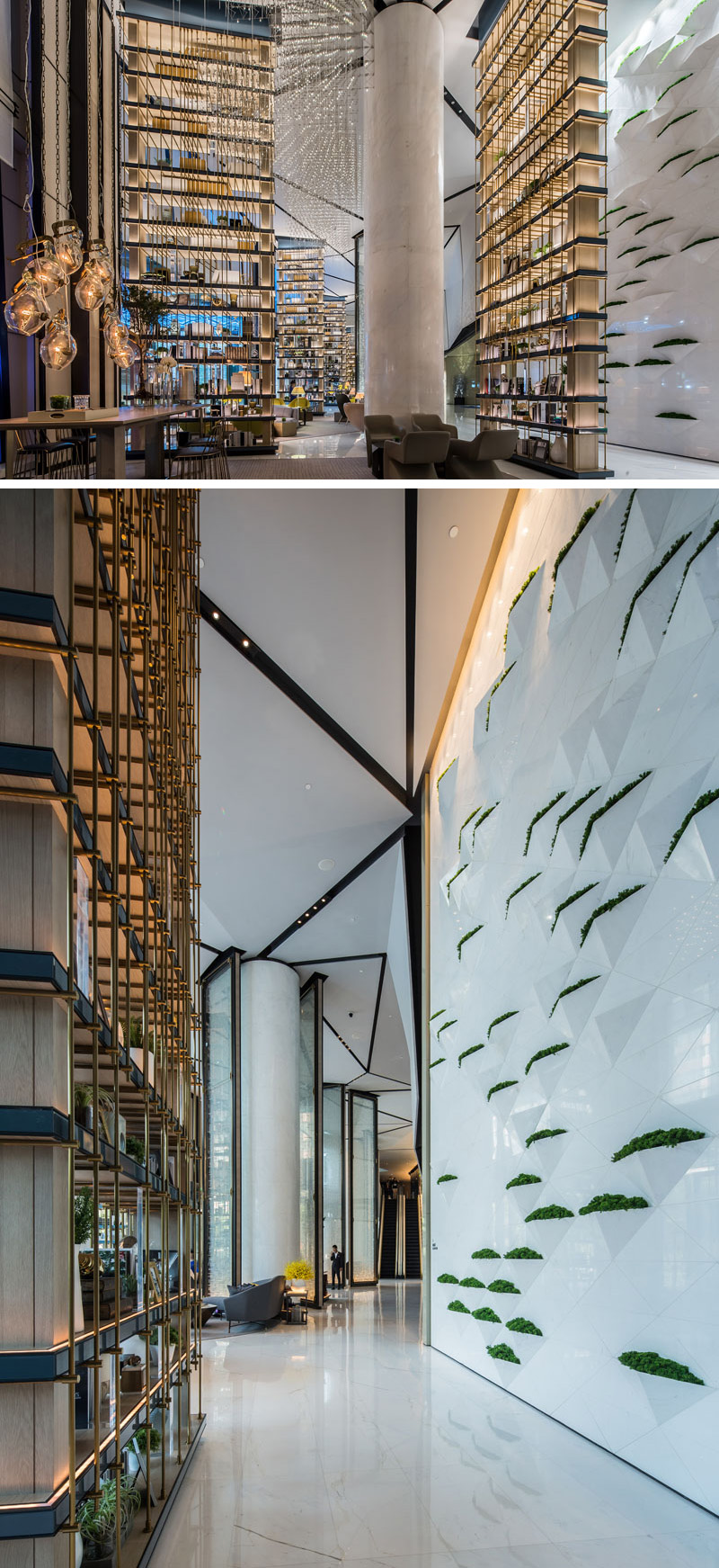 In this modern hotel, a large white floor-to-ceiling wall has built-in diamond planters to add a touch of greenery to the interior. This bright white wall with green foliage contrasts the more overly decorated aspects of this modern lobby.