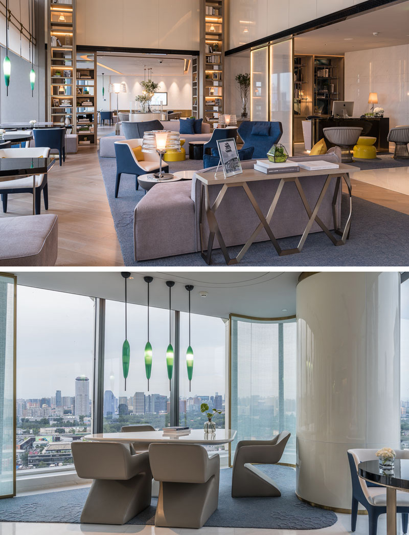 In the executive lounge of this modern hotel, hidden lighting has been used to highlight the floor-to-ceiling shelves and the frosted panels that divide part of the room.