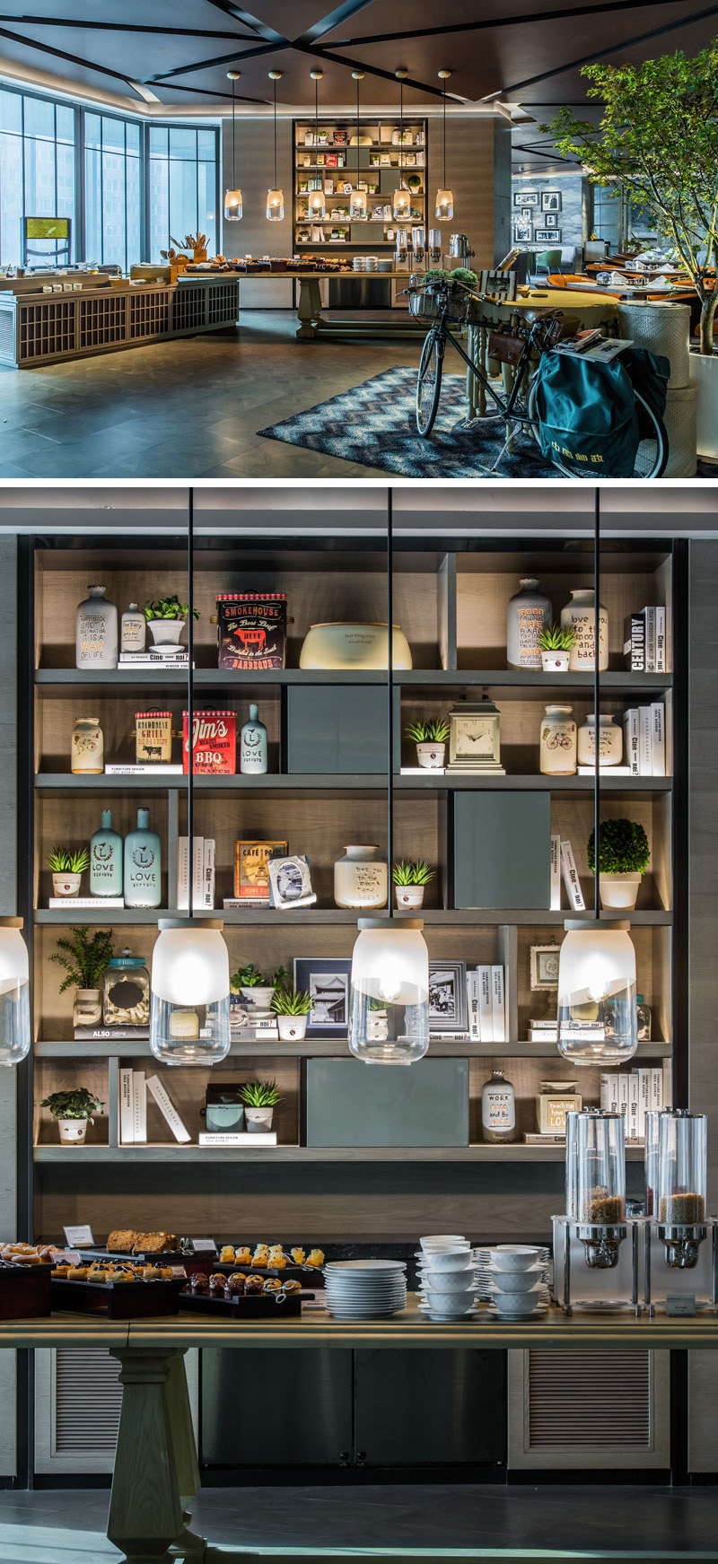 In this modern hotel restaurant, jar-like pendant lights hang above the self-serve counter located in front of a bookcase, that's filled with recipe books and trinkets reminiscent of a home kitchen.