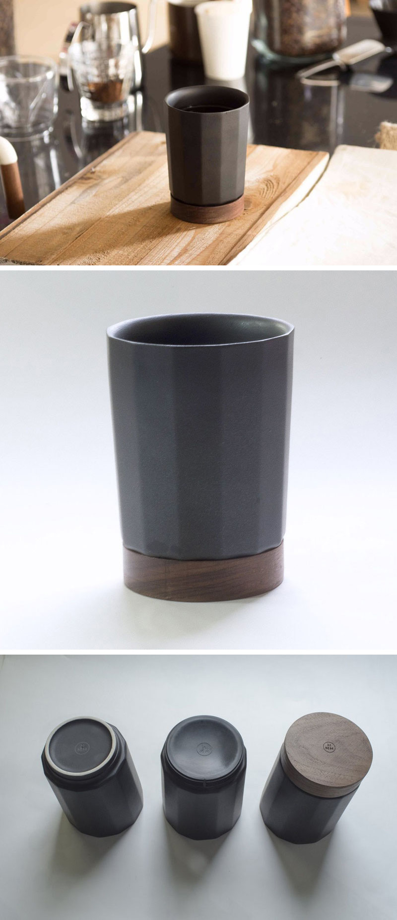 Made from matte Japanese ceramic with a walnut wood base, the Time tumbler has an angular exterior, making the cup easy and fun to hold.