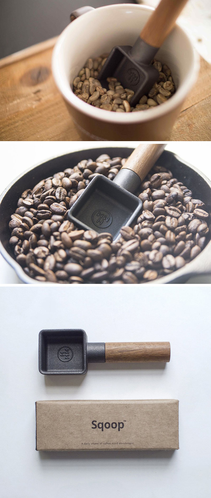 The Sqoop is a heavily weighted, cast iron and teak coffee scoop. Collecting beans for your morning coffee has never been so easy.