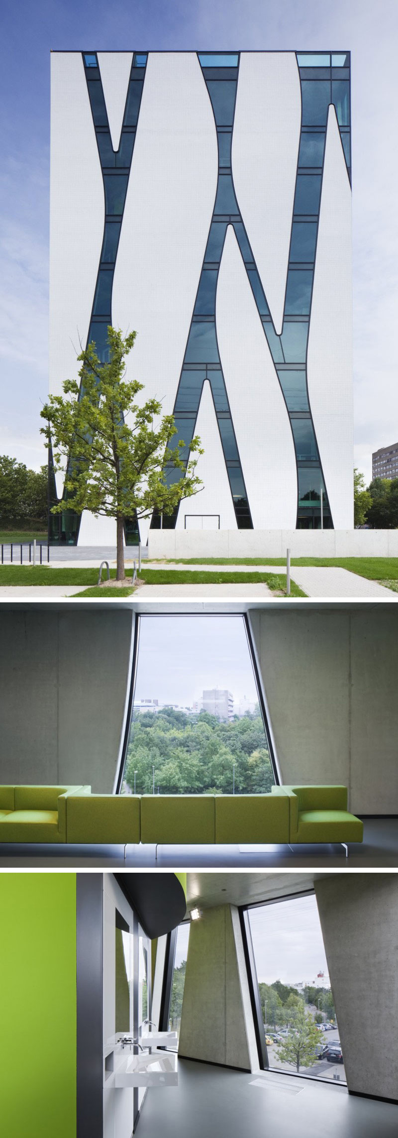 The white exterior of this modern library is made more unique by the elongated windows, connected by strips of glass, that line the building. 