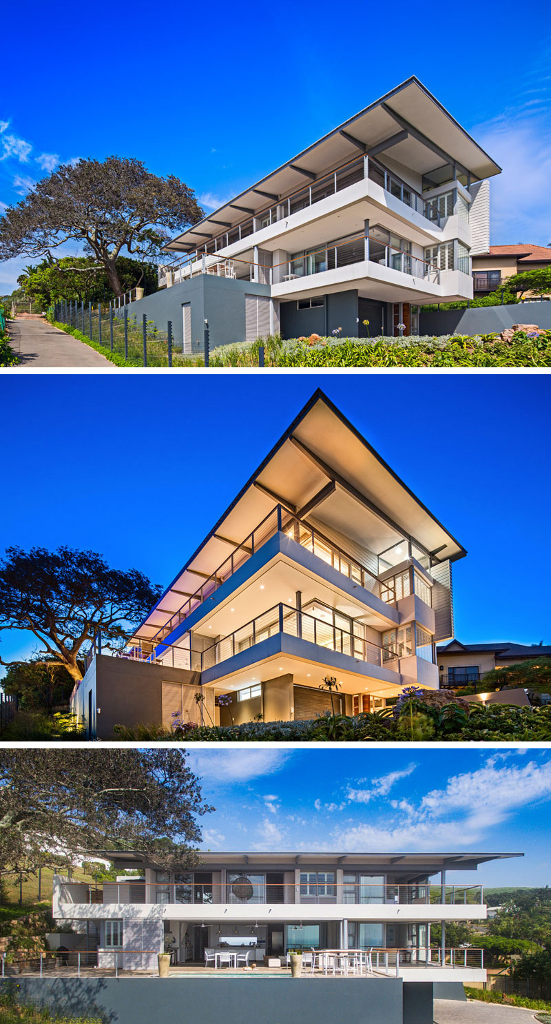 This modern house is three levels and faces the ocean. The main floor features an outdoor pool and the entertaining areas, while the top floor is home to the bedrooms. 