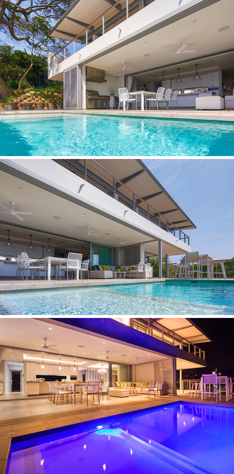At this modern pool area, there is a covered veranda that has a BBQ, outdoor dining set, and lounge area with upholstered sofas. The pool lights up in the evening for nighttime swimming. 
