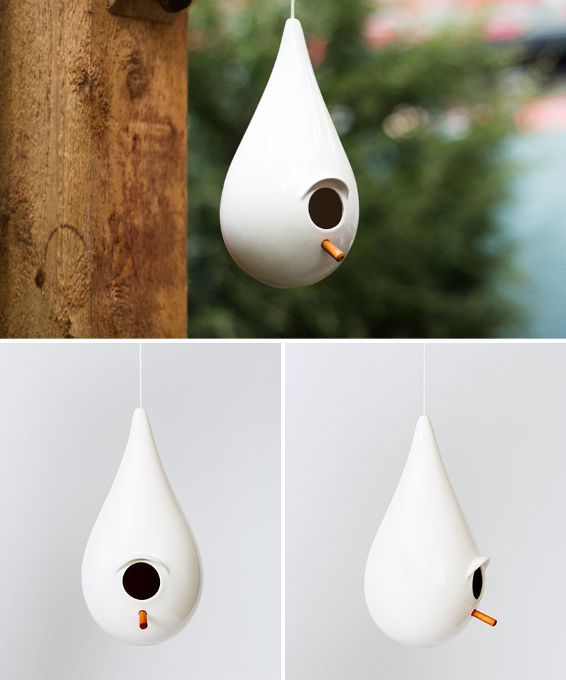 This simple, white tear drop bird house has a small awning to guide water away from dripping into the nest.