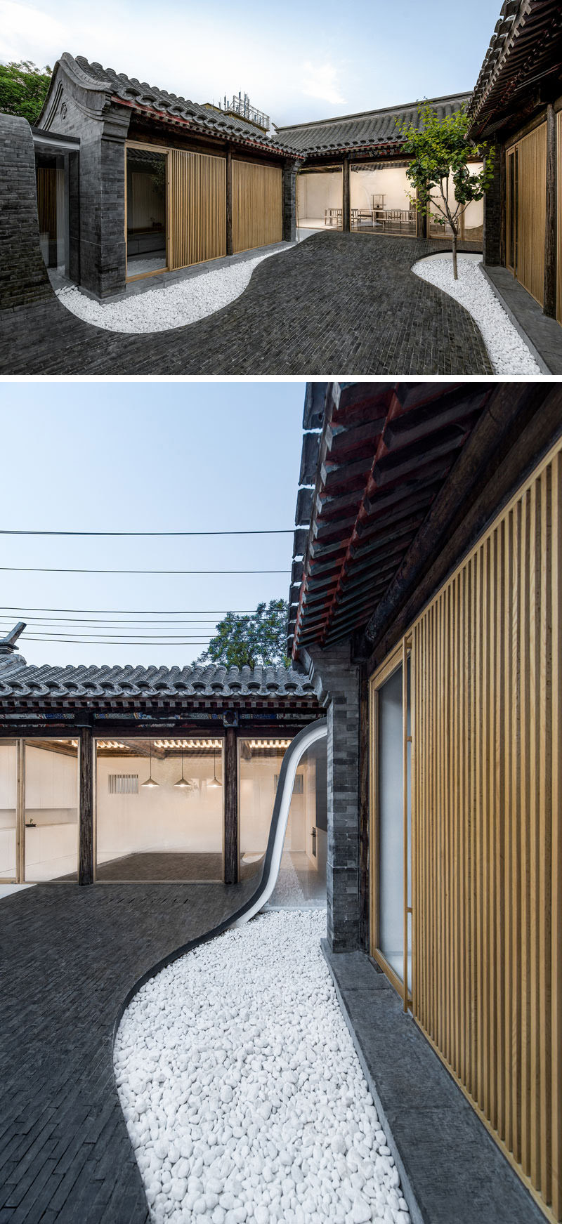 A wave of dark tiles appears to fall from the roof of this urban space, down and through the courtyard. At night the curved path of tiles is lit from beneath, making it safe to walk in the dark.