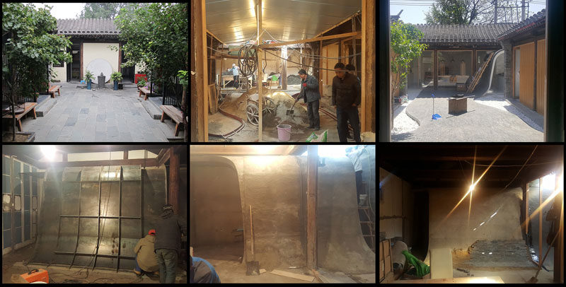 This group of images shows the installation process of a curved tile wall that flows from the roof down to the courtyard.