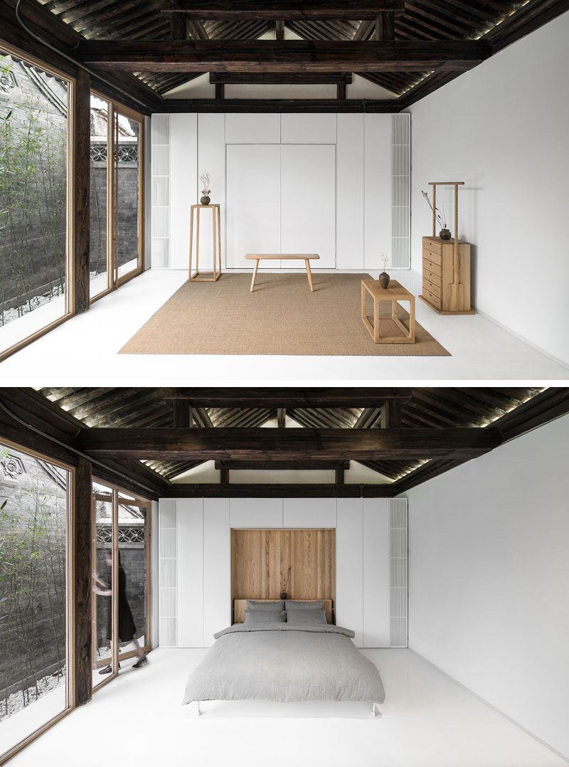 This open and minimalist room can be transformed into a bedroom, via a hidden bed in the wall.