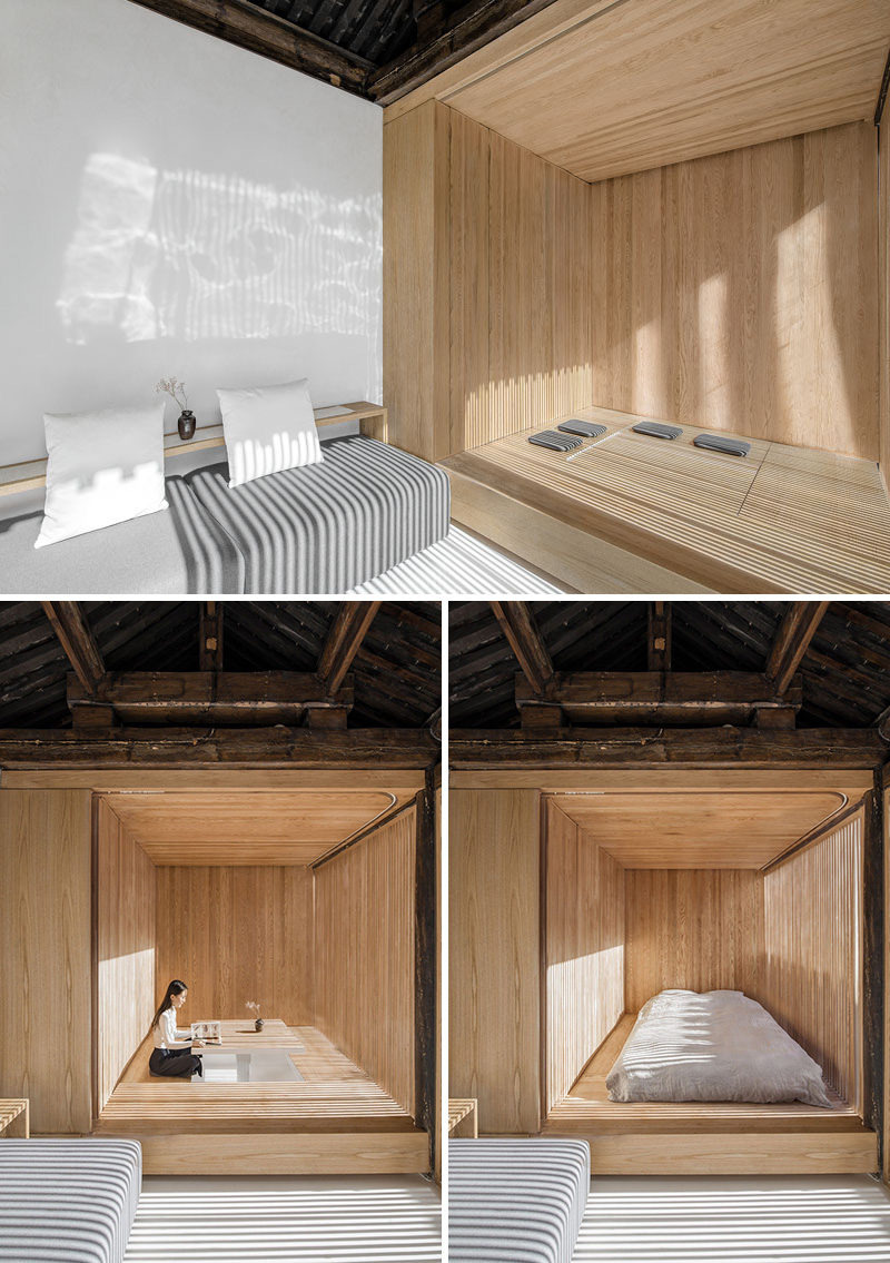 This minimalist room can be converted from a tea room into a bedroom via the furniture box.