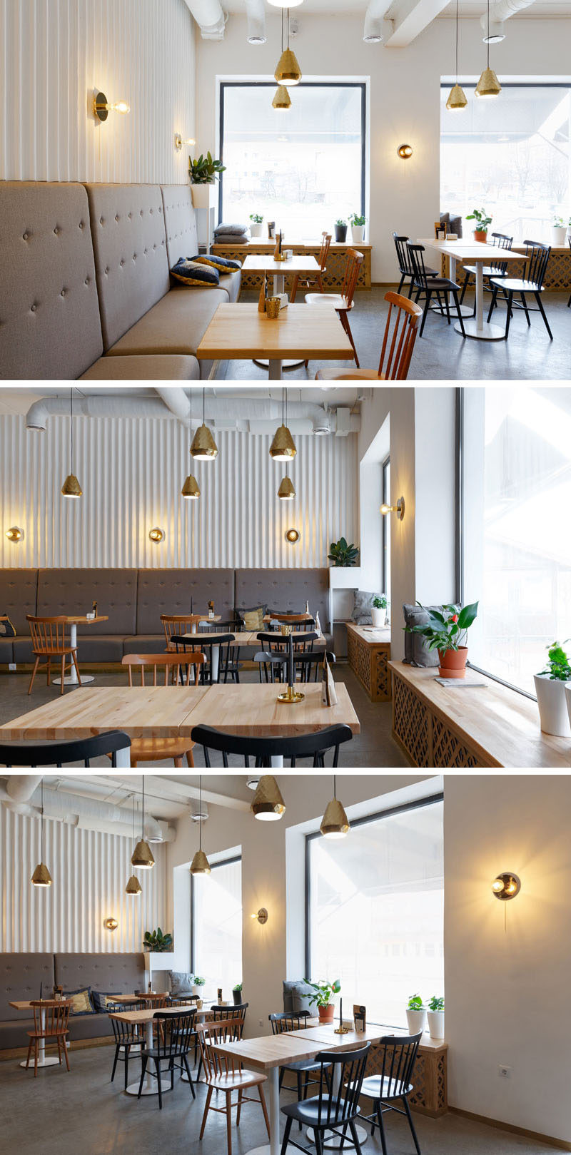 Located next to the windows in this modern coffee shop, are wooden benches that are able to be used as additional seating, making them ideal for watching the world go by while having a cup of coffee. A few plants scattered around the coffee shop adds a natural touch.