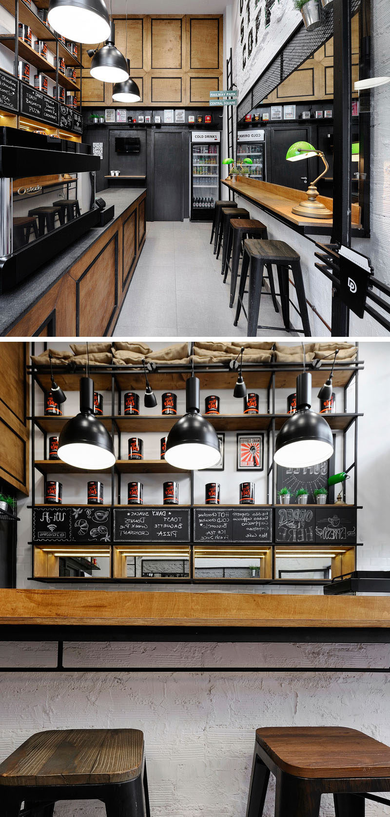 This small coffee shop (or coffee bar) in Greece, utilizes a mirror on the wall to make the space feel larger.