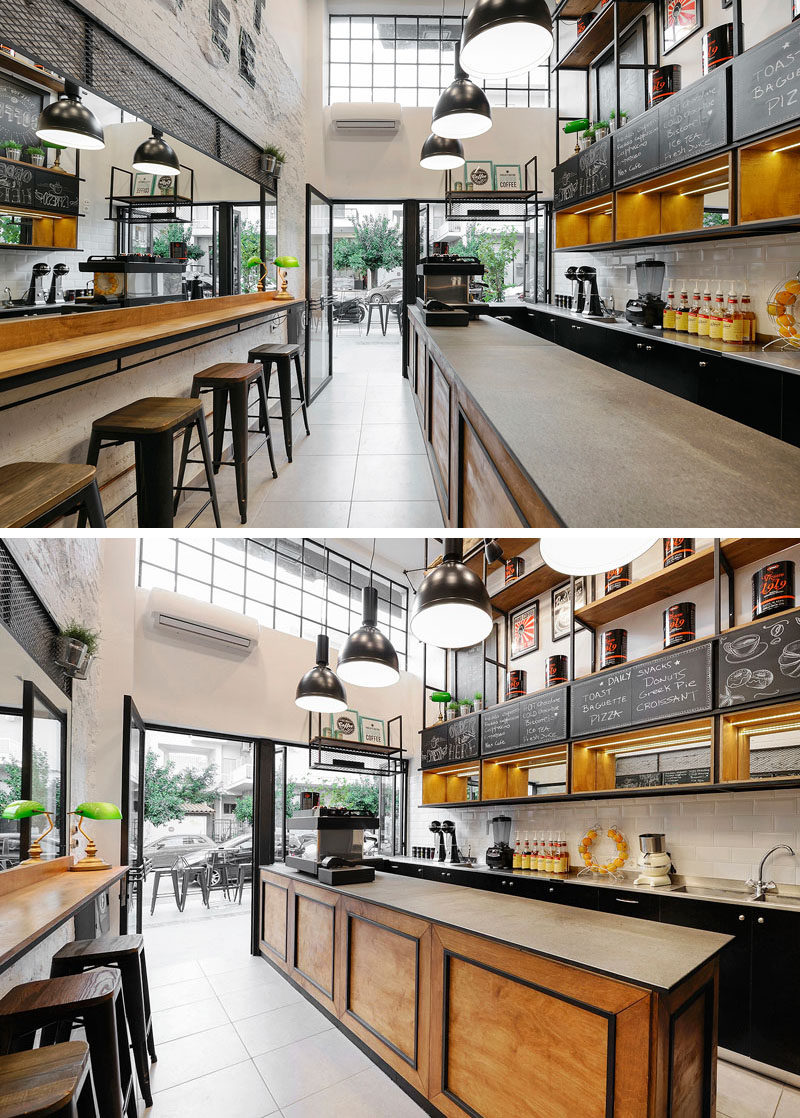 This small coffee shop (or coffee bar) in Greece, utilizes a mirror on the wall to make the space feel larger.