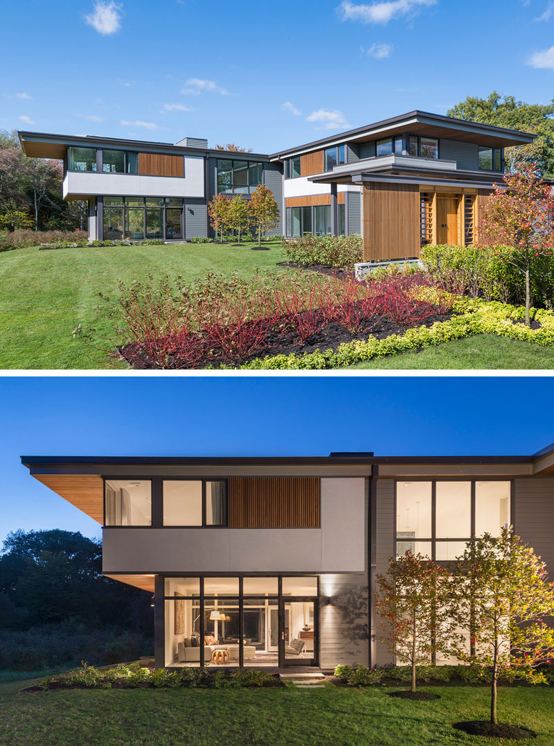 This modern house is on a blueberry farm and features wood accents, floor-to-ceiling windows, and a bright and airy interior.