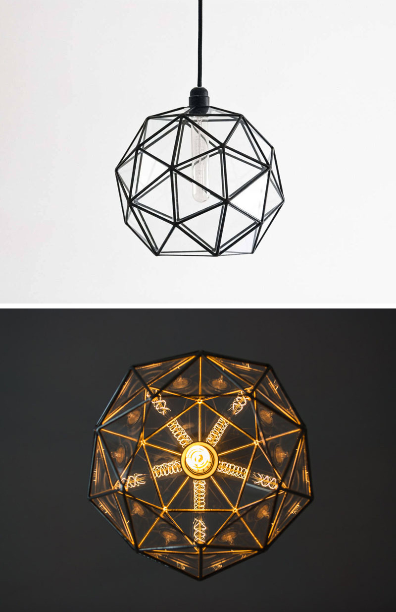 When this modern pendant light is turned on at night, lines and sections meet reflecting a warm repetitive glow of geometric shapes. 