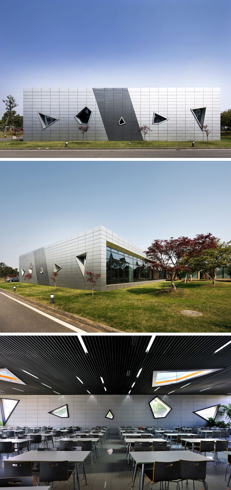 The geometrically designed windows of this convention centre break up the uniformity of the modern building, casting intricate shadows within. 