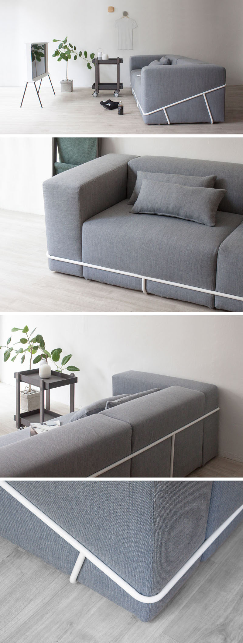 Seoul based designer Cho hyung suk, has designed a modern grey couch that sits within an exposed white metal frame.