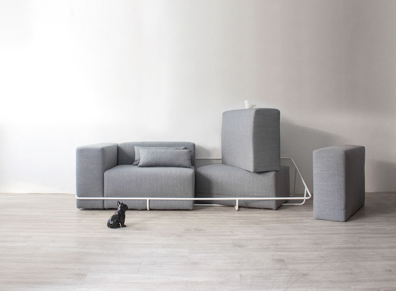Seoul based designer Cho hyung suk, has designed a modern grey couch that sits within an exposed white metal frame.