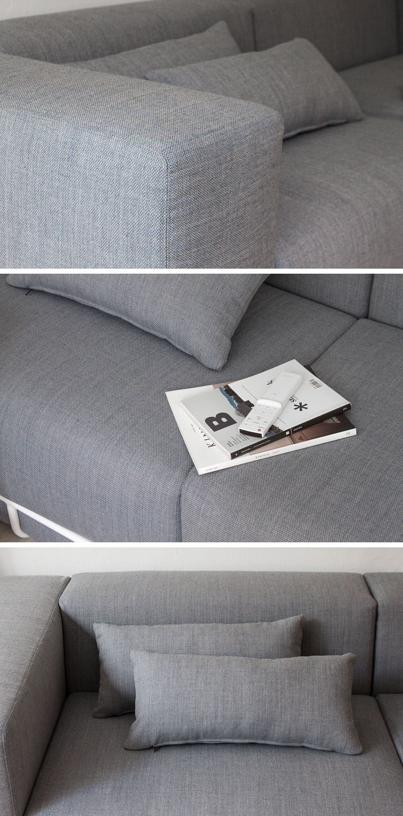 Seoul based designer Cho hyung suk, has designed a modern grey couch that sits within an exposed white metal frame.