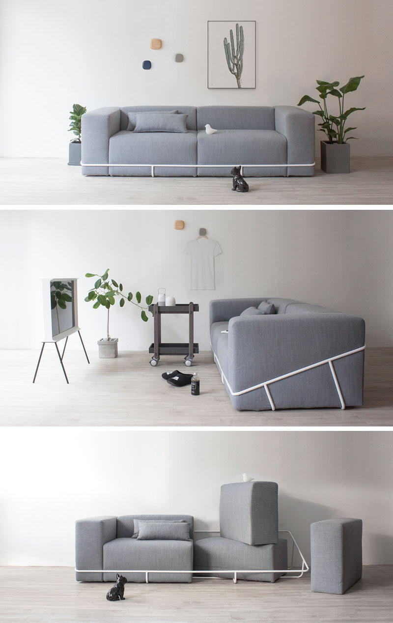 Seoul based designer Cho hyung suk, has designed a modern grey couch that sits within an exposed white metal frame.