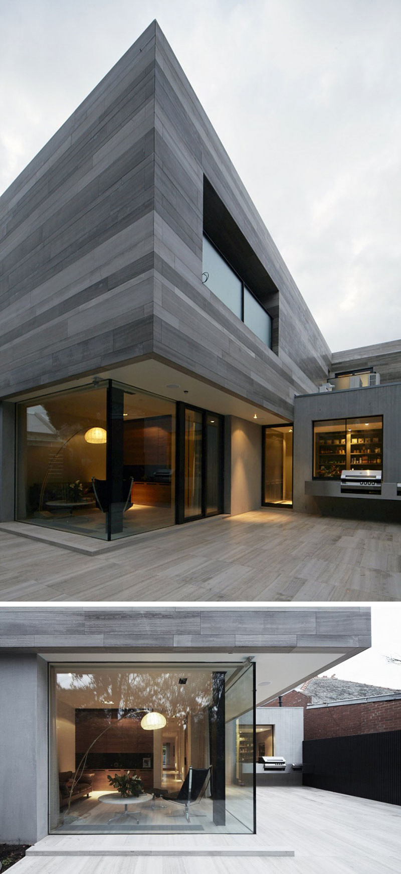 At the back of this modern home, large corner windows provide a view of the interior. A large patio and outdoor patio making this space great for entertaining.