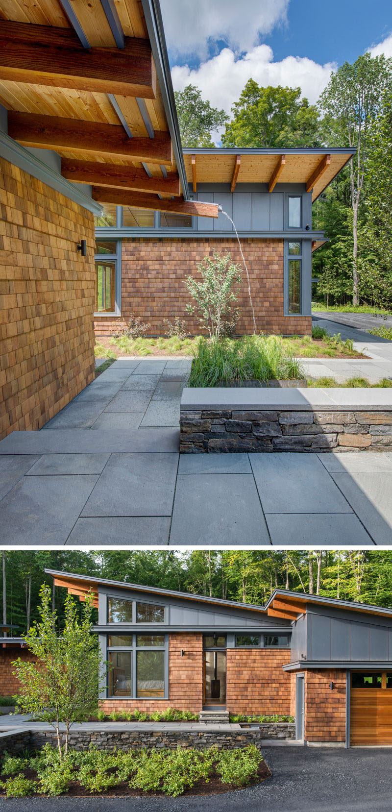 This modern house has a landscaped front yard that gets watered via the runs off from roof. To the side of the main house is a guest house and garage that are covered in wood shingles and have a sloped roof.