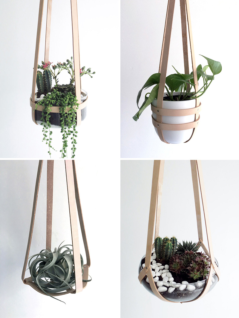 These sturdy modern hanging planters are made from thick, nude vegetable tanned leather, and silver rivets.  #HangingPlanter #ModernPlanter #HomeDecor #Garden #Plants