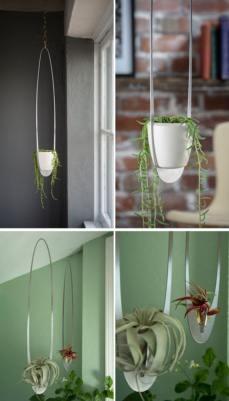 These delicate and minimal hanging planters are made from brushed stainless steel and would suit an empty corner.  #HangingPlanter #ModernPlanter #HomeDecor #Garden #Plants