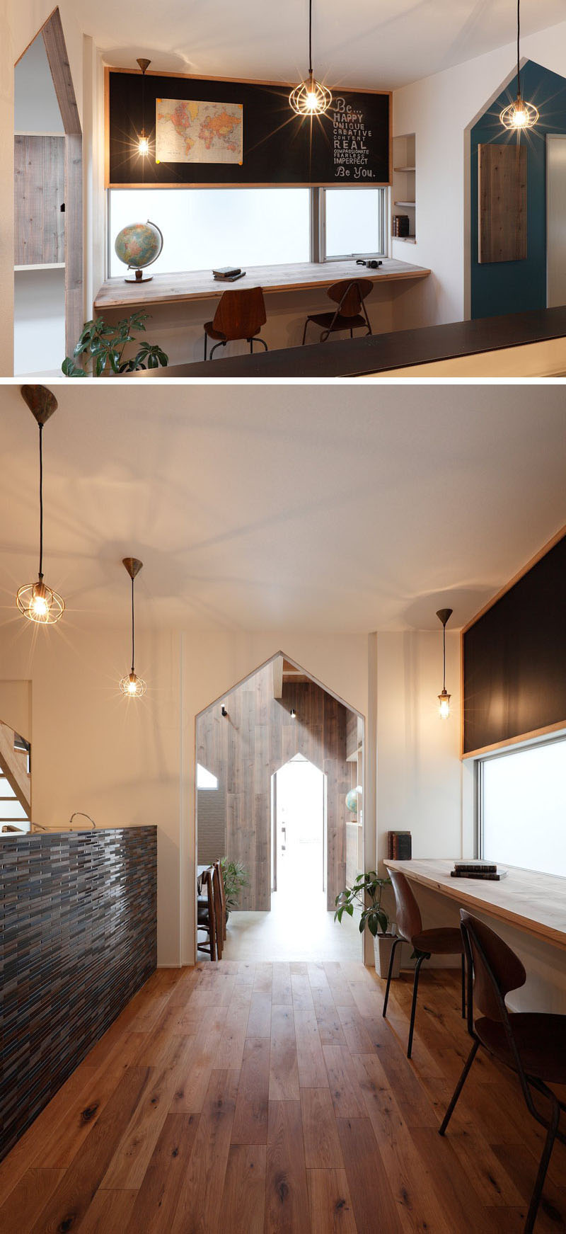 The wood desk in this shared home office is placed below a wood framed chalkboard, and an opaque window that provides extra light when working.