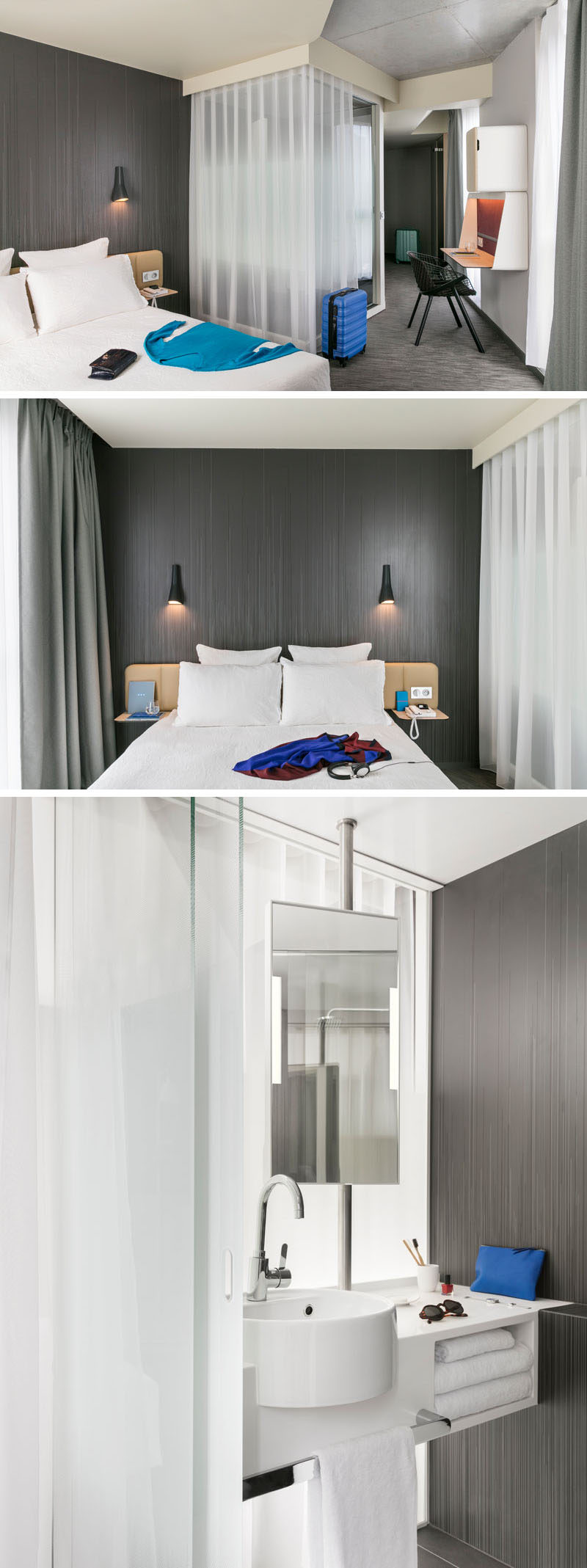 In this modern hotel room, light weight curtains hide the bathroom from the sleeping area.