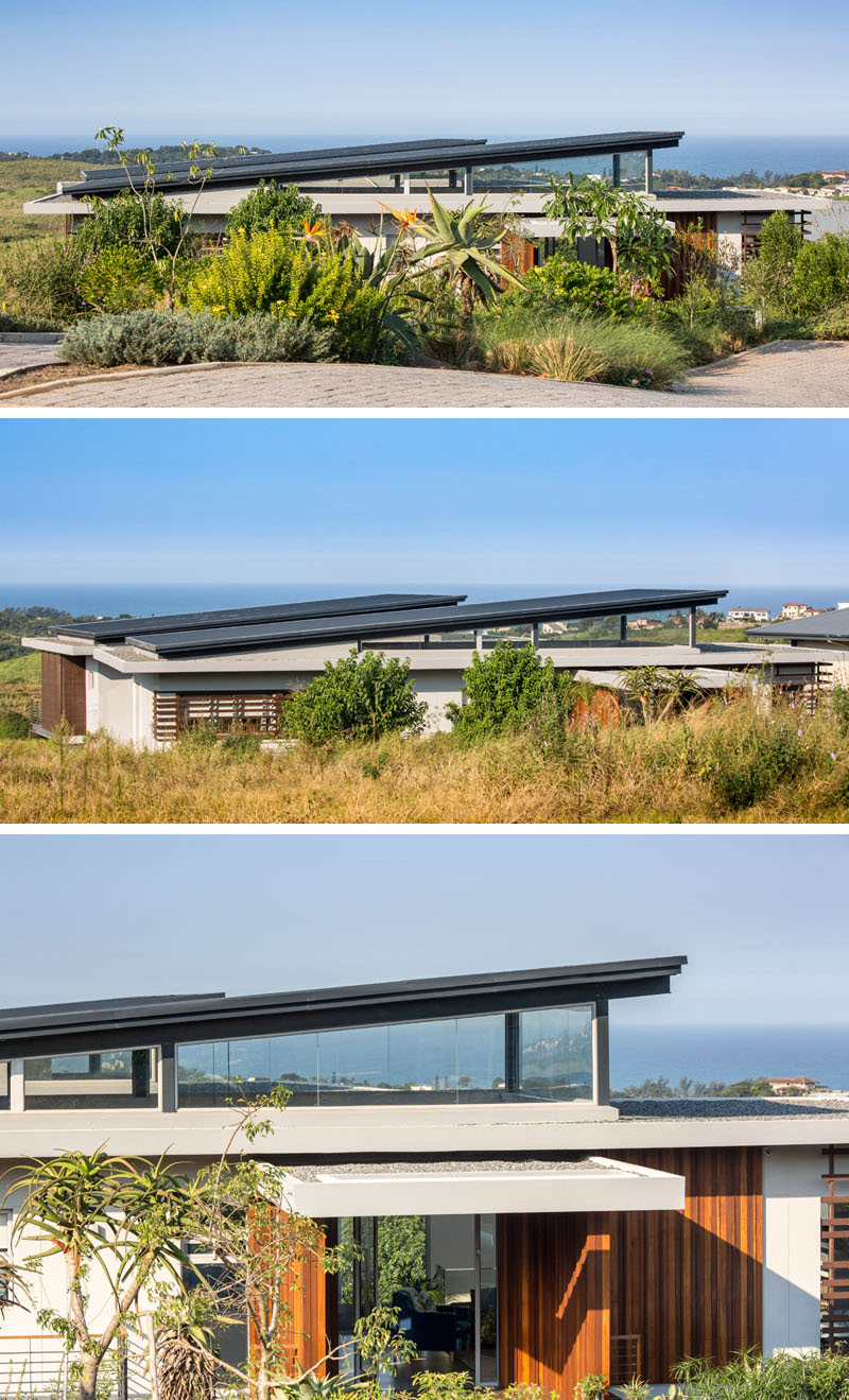 Tucked below the driveway, and partially hidden behind various trees and bushes, the slopped roof of this modern house is visible until you walk down the stairs.