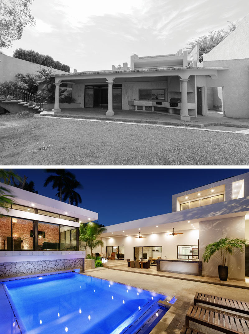 At the rear of this modern renovated house, the original barbeque area was transformed by removing the outdated columns and the low ceiling. The renovated area features a long terrace with a new and higher ceiling, creating a sense of openness.